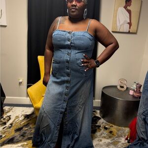 Blue Maxi Denim Dress with Spaghetti Straps